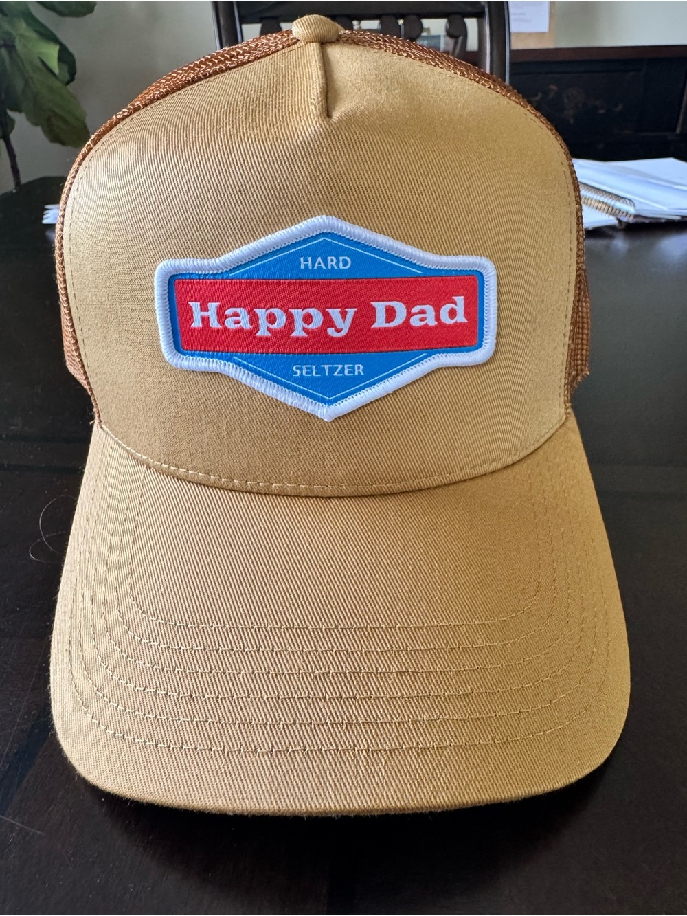 ®Happy Dad Hard Seltzer Tan/Gold Trucker Hat - Branded Mesh Cap